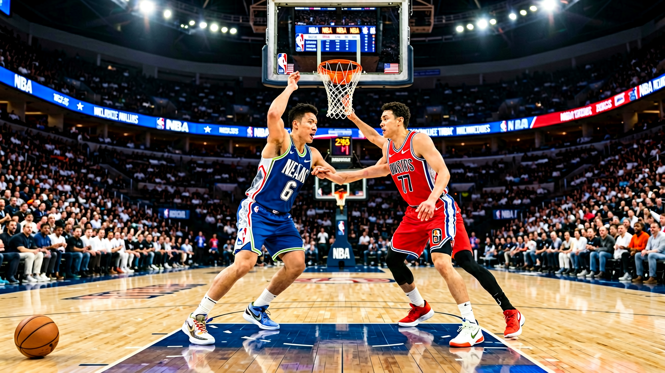 NBA篮球场馆全景，展示激烈比赛氛围